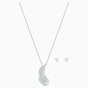Swarovski NICE SET Feather Jewelry Studs & Necklace, Rhodium -5506758