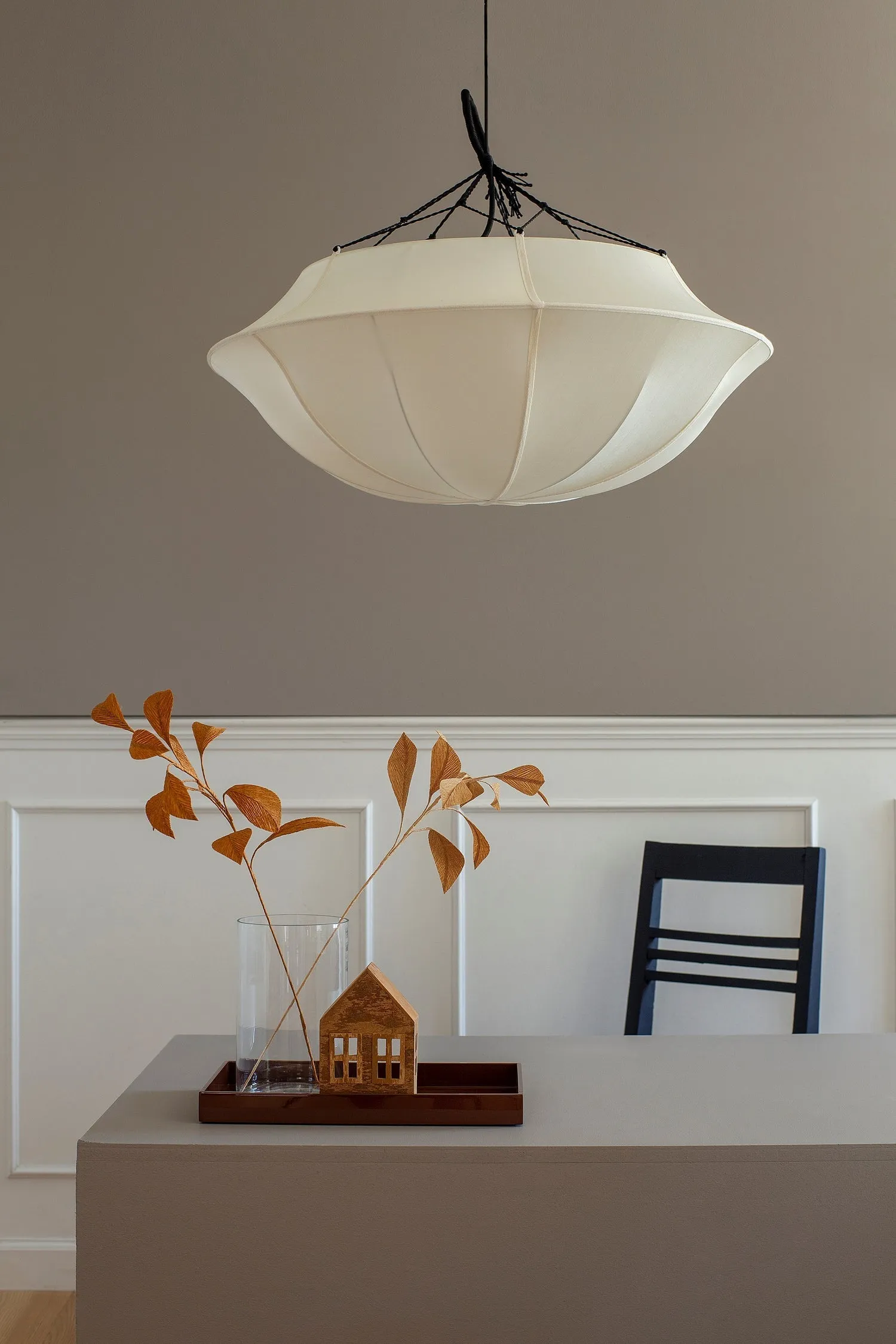 Umbrella Silk Pendant in Off-White Silk with White Ribbon by Oi Soi Oi
