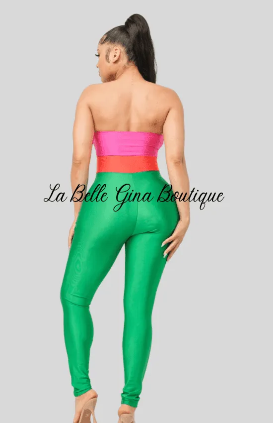 Vena Color Block Front Shirring Cut Out Rings Jumpsuit-Green Combo