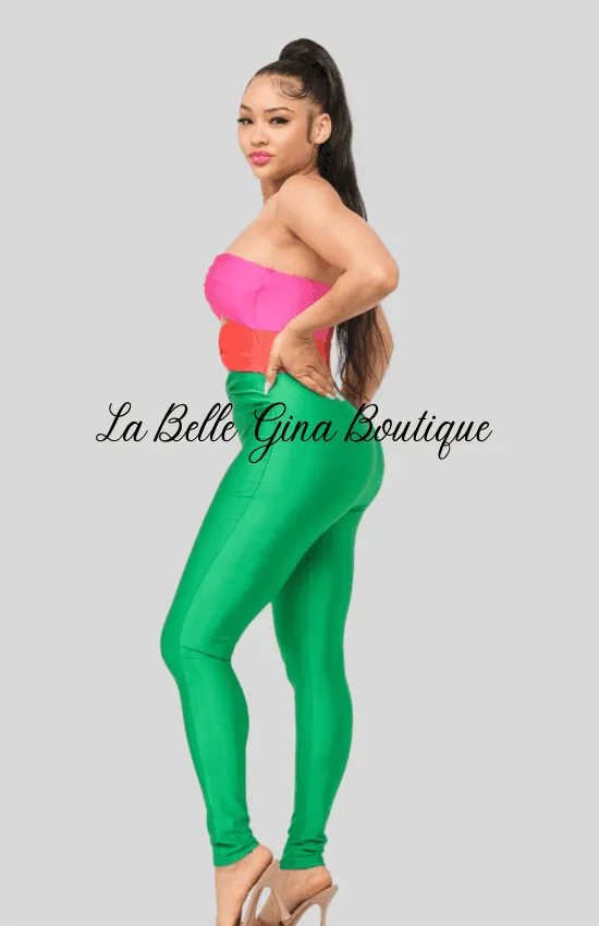 Vena Color Block Front Shirring Cut Out Rings Jumpsuit-Green Combo