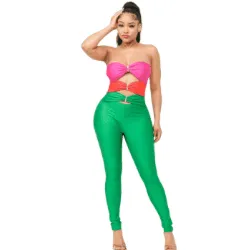 Vena Color Block Front Shirring Cut Out Rings Jumpsuit-Green Combo