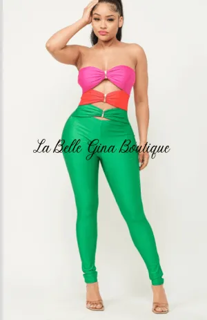 Vena Color Block Front Shirring Cut Out Rings Jumpsuit-Green Combo