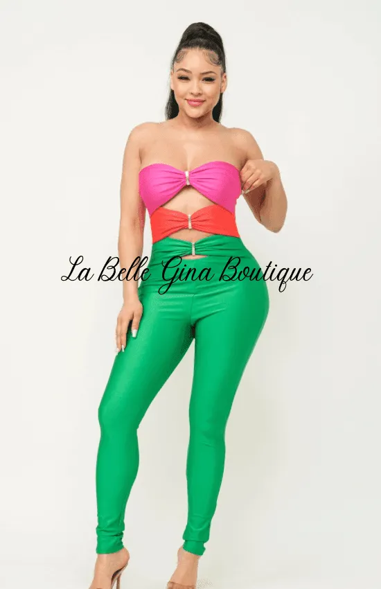 Vena Color Block Front Shirring Cut Out Rings Jumpsuit-Green Combo