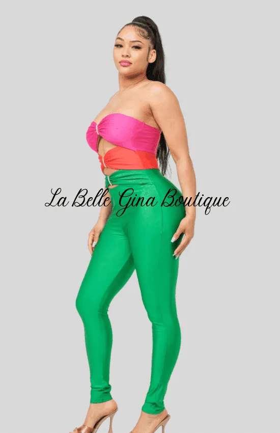 Vena Color Block Front Shirring Cut Out Rings Jumpsuit-Green Combo