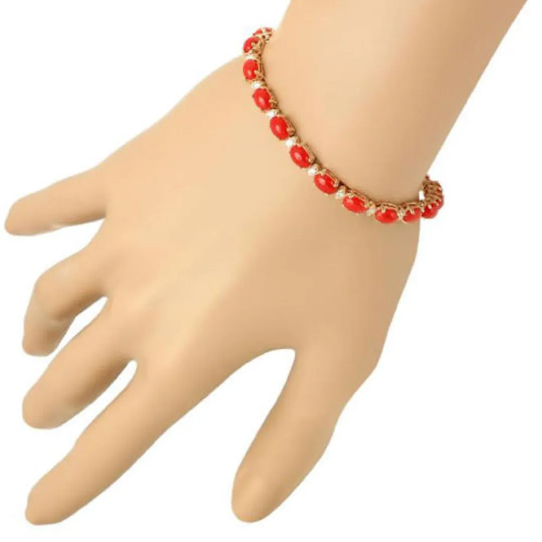 Very Impressive 11.50 Carats Natural Coral & Diamond 14K Solid Yellow Gold Bracelet