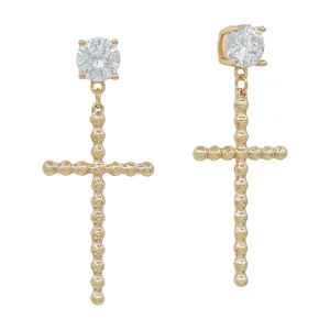 Water Resistant Crystal Stud with Gold Studded Cross 2" Earring