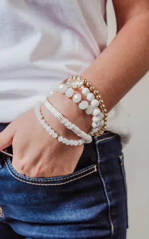 White Crystal, Stone, and Gold Stacked Bracelets - 5