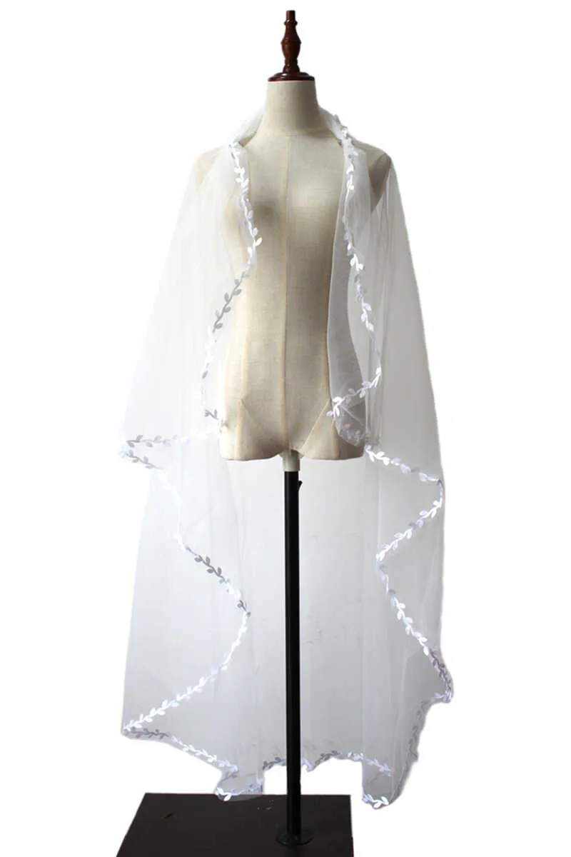 White Mesh Leaf Lace Long Bridal Veil