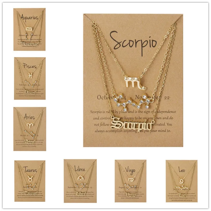 ZODIAC CHAIN! 3Pcs/Set Best Friends Necklaces Fashion Cardboard Star Zodiac Sign Pendant 12 Constellation Charm Scorpio Necklace Jewelry Gifts